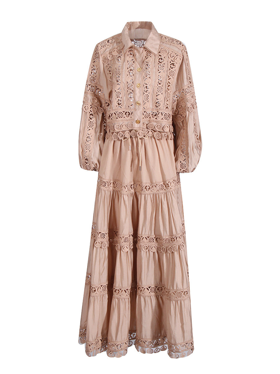 Elegance Style Set 2025 New Empty-Turned-Necked Leaster Splicing Shirt + Half-Dress Suit Woman