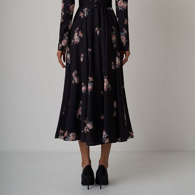 French Doll-Necked Flower-Print Court Feast Dress