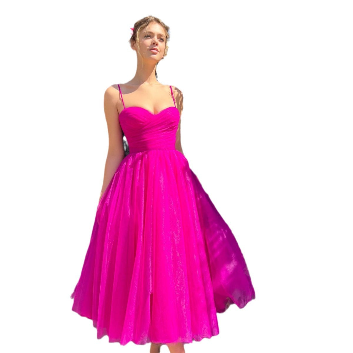 And Summer New Women's Temperament Dress Sling Dress Solid Color Long Dress Bow Net Yarn Dress