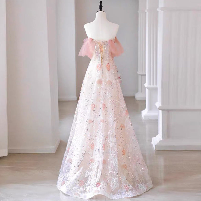 Flower Evening Dress 2025 New Bridal Toast Dress Shoulder Senior Art Exam Host Dress Woman