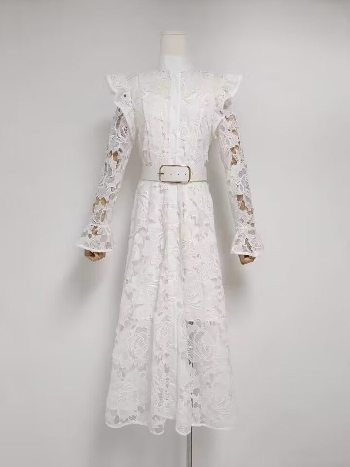 Water-Soluble Lace Dress 2025 Spring Temperament Embroidery Empty Belt With White Dress Dress