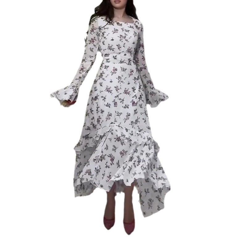 Women's Round Neck Broken Flower Horn Sleeve High Waist To Repair Temperament Irregular Lotus Leaf Skirt