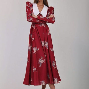 Floral Print Temperament Long-Sleeved Waist-Up Retro Swing Dress