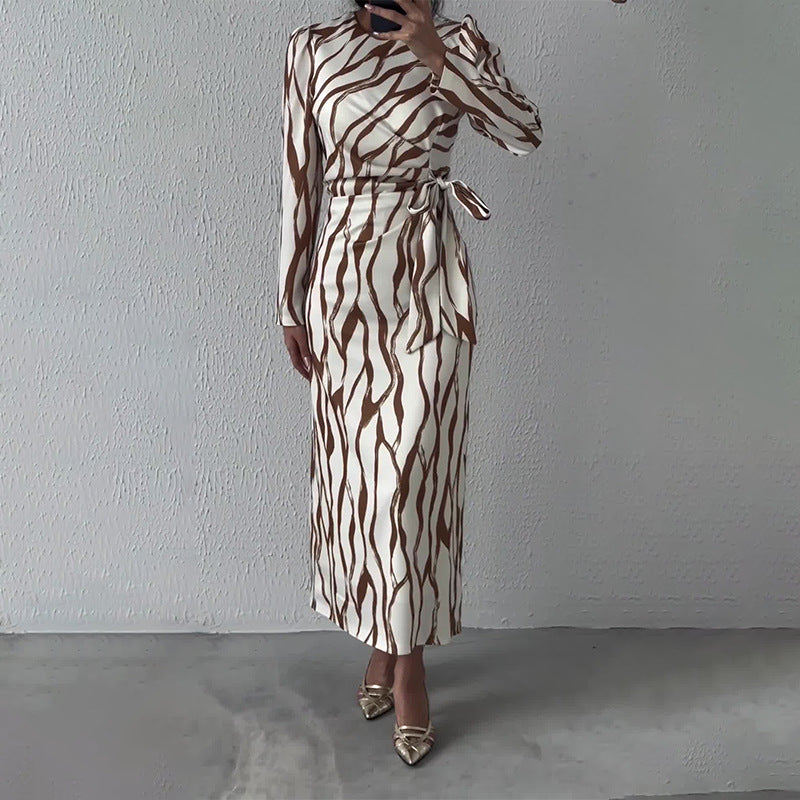 Women's Autumn Round-Neck Graffiti Long-Sleeved Striped Tie Slimming Dress
