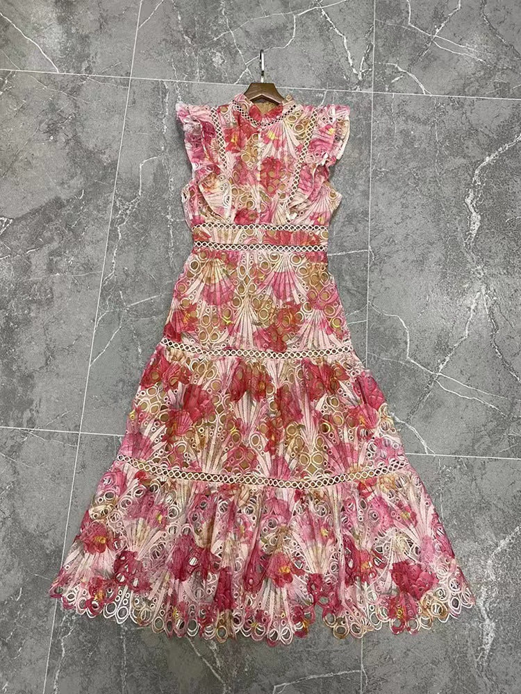 Leaf Leaf Lace Dress 2024 Summer And Autumn New Flying Sleeve Print Embroidery Sleeves Sleaf Slim Skinny Dress