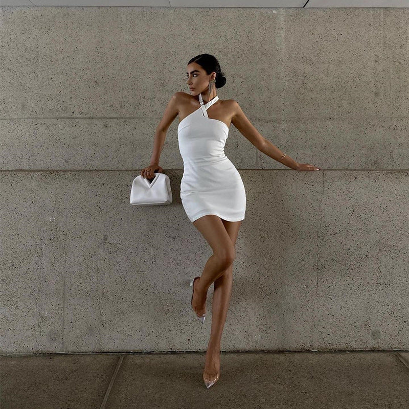 Kong Style Summer Dress Women In Irregular Hanging Neck Shoulder Sexy Dress Femininity Body Bottom Bag Dress