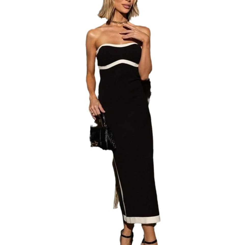 Summer New Women's Black And White Double-Decker Light-Cooked Sexy Bosom Long Dress