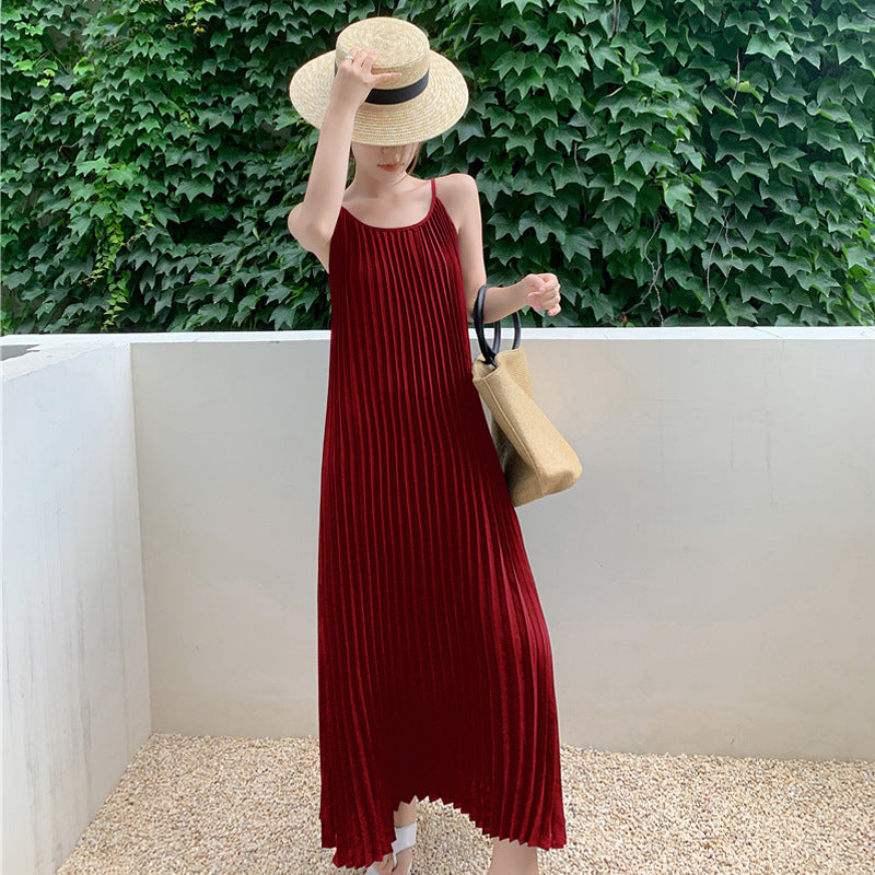 Red Seaside Holiday Sling Dress Women's Summer 2024 New Temperament Loose 100-Folded Long Dress Super Fairy