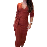 Women's Autumn V-Neck Long Sleeve Knitted High Waisted Tice With A Tinged Dress