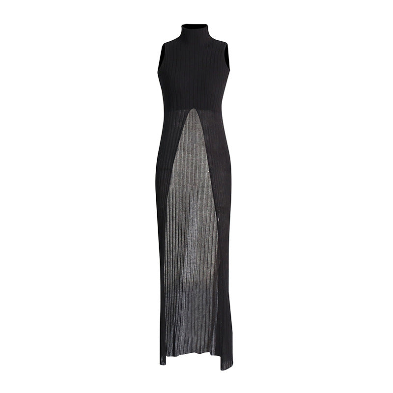 Women's Clothing 2025 Spring Personality Standing Sleeveless Open Forked Perspective Knitting Sexy Long Top