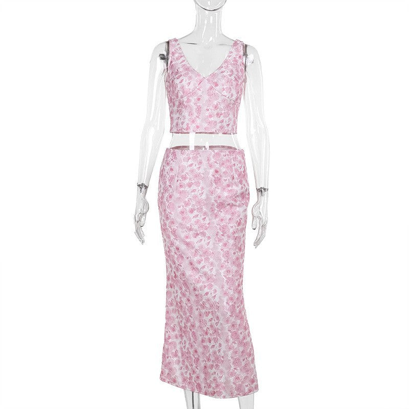 Summer 2025 New Women's Clothing Fashion Casual Floral Vest Half-Skirt Suit Women DJPT