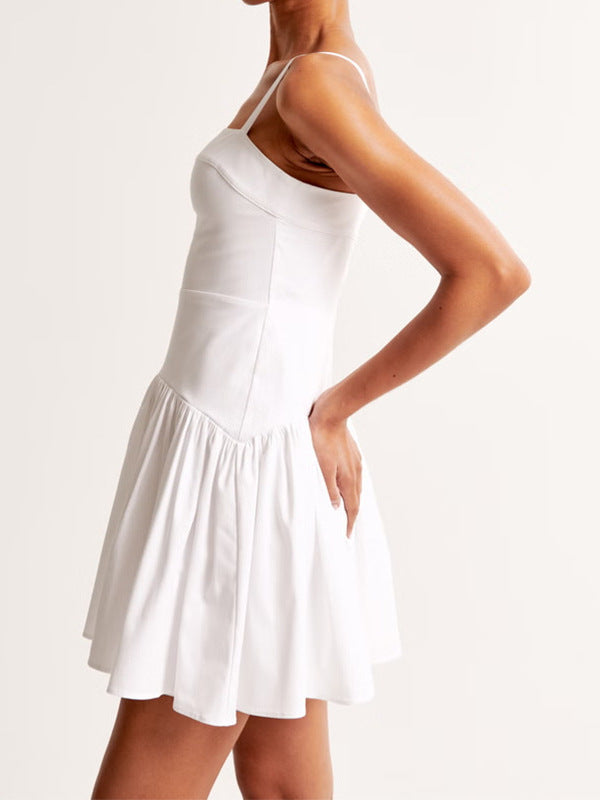 Summer New Fashion Waist Solid Color Pressure Fold Solid Color Sling Dress