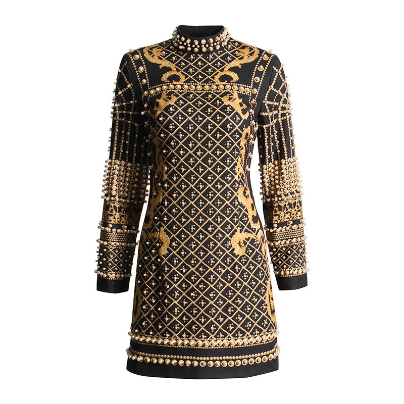 Style Retro Heavy Industry Nail Bead Design Short Dress 2025 Spring New Standing Back Print Dress Woman