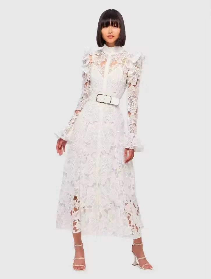 Of Australian Niche Brand Hollow Lace Trumpet Sleeve Goddess Temperament Long Dress Autumn