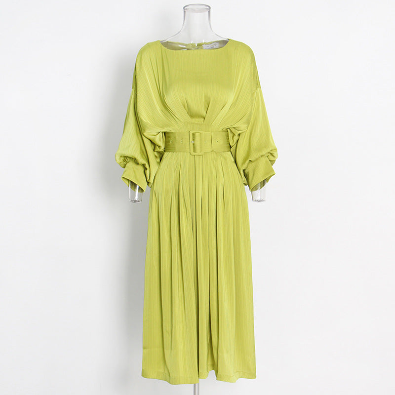 Fashion Elegant Hanging Dress 2025 Summer New Round Neck Sleeves Waist Design Smooth Dress Dress Woman