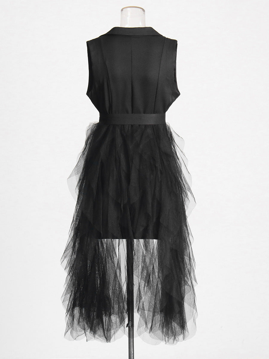 Temperament Elegant Style Suit Dress 2025 Spring New Sleeveless V-Neck Suit Mesh Splicing Dress Dress Woman