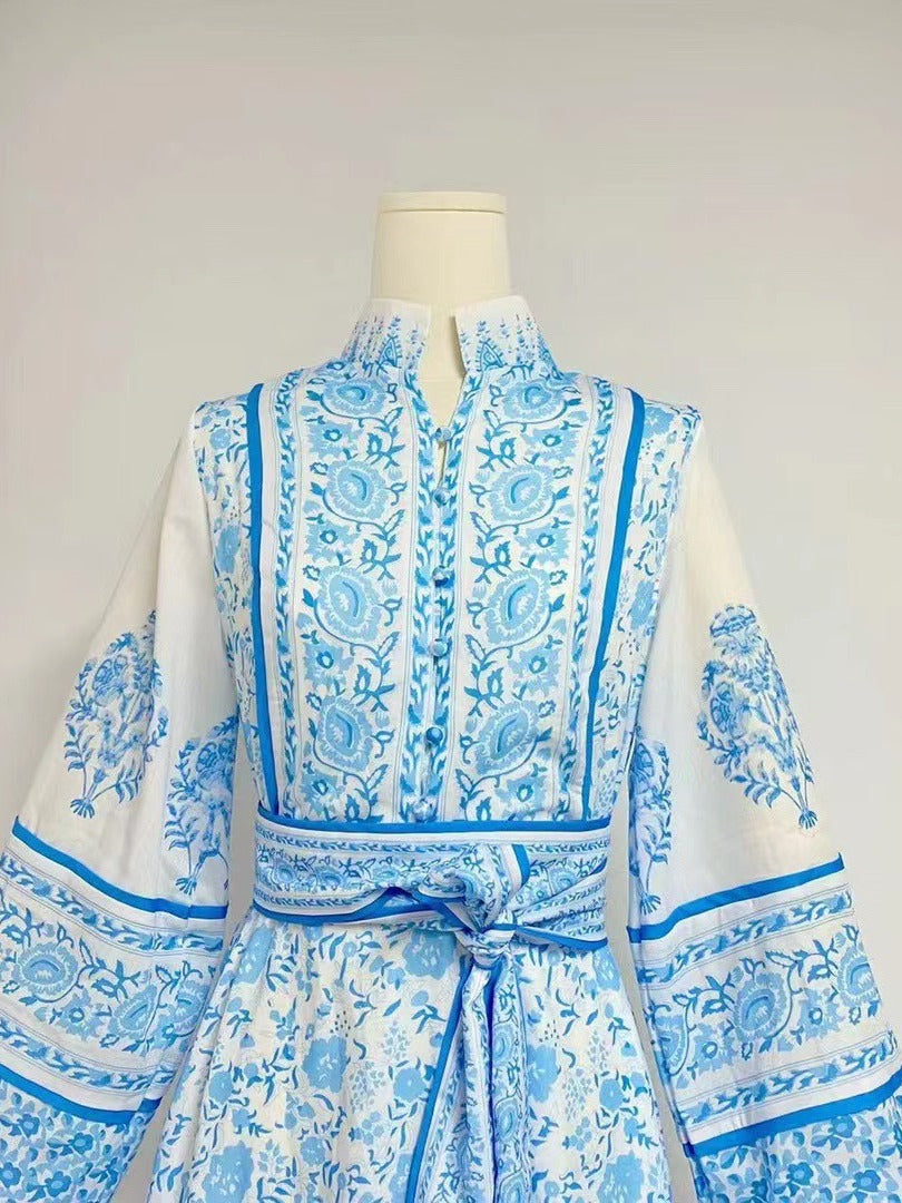 Autumn New Blue And White Printing Collar Lantern Sleeve Single Buckle Belt Waist Display Thin Dress
