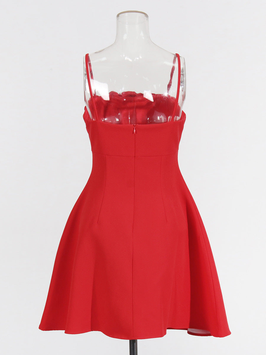 High-End Sling Dress 2025 Summer New Simple Wind Three-Dimensional Flowers Spliced Solid Color Short Skirt Woman