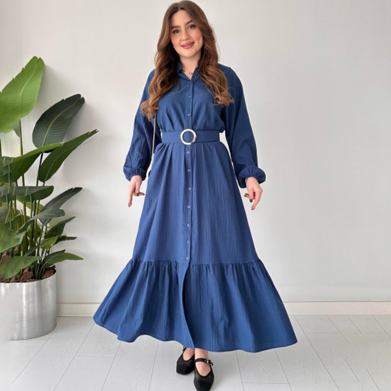 2025 New Solid Color POLO Collar Long Sleeve Multi-Button Belt Dress