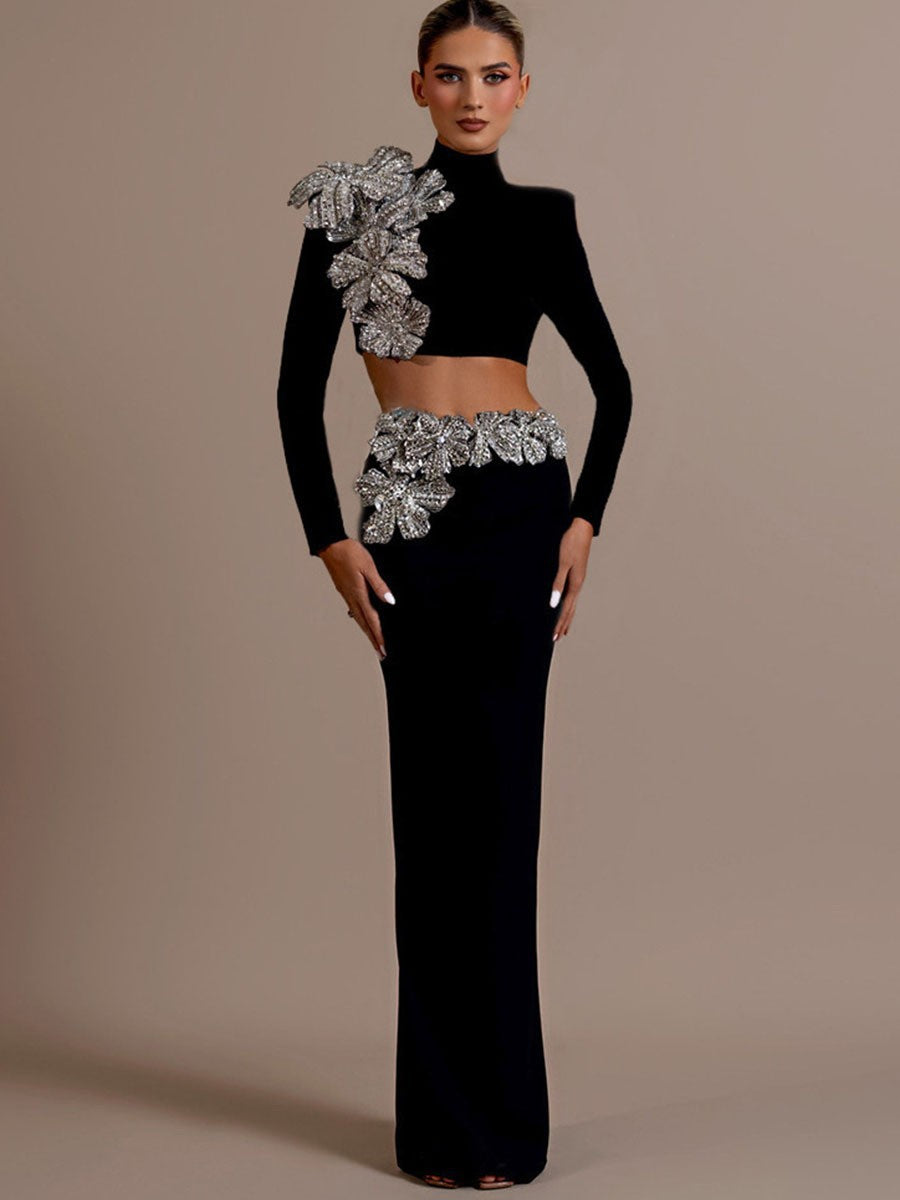 Flower Diamond Set Dress Banquet Femininity Fashion Elegant High-End Felt Banding Evening Dress