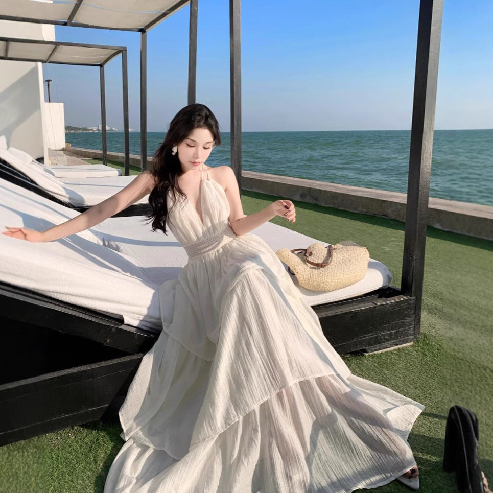 Holiday Atmosphere Feel Dress Women Folded Deep V Hanging Neck Dress Pure Lusty Style Big Back Cake Dress