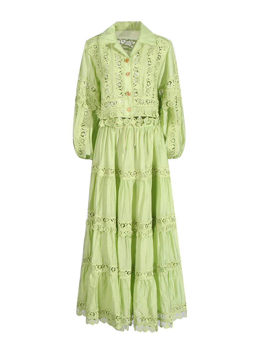 Elegance Style Set 2025 New Empty-Turned-Necked Leaster Splicing Shirt + Half-Dress Suit Woman