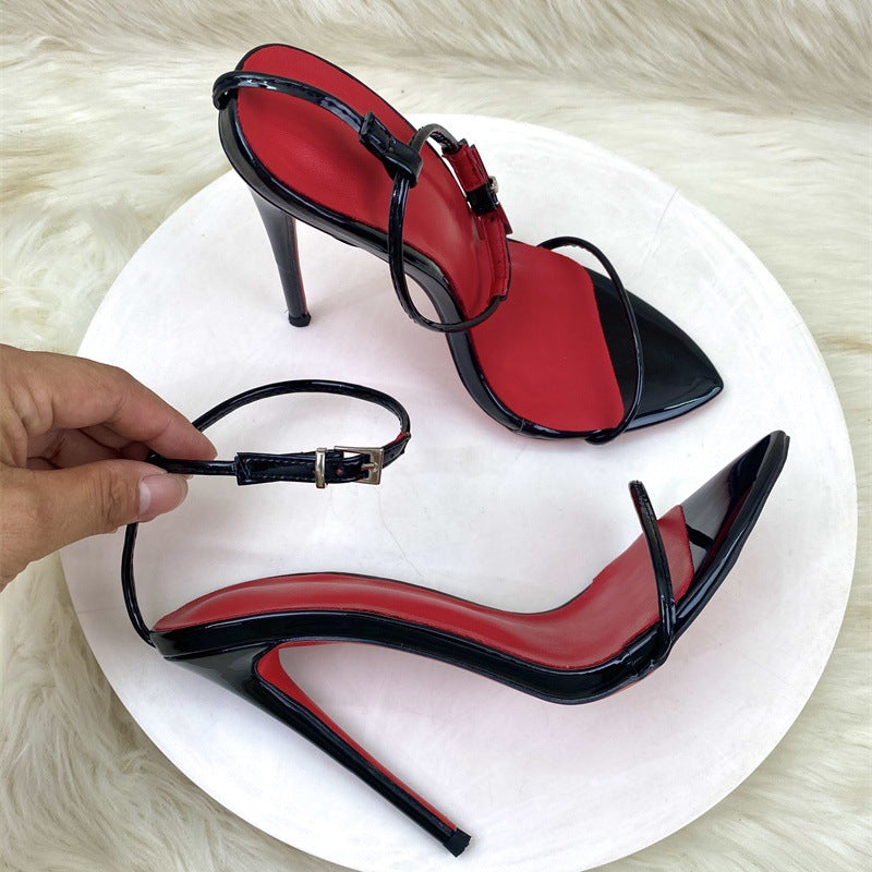 Word With Fashion Sandals Women's Fine And Summer Black Pointed High Heel Buckle With Exposed Toe Women's Shoes High Quality Shoes