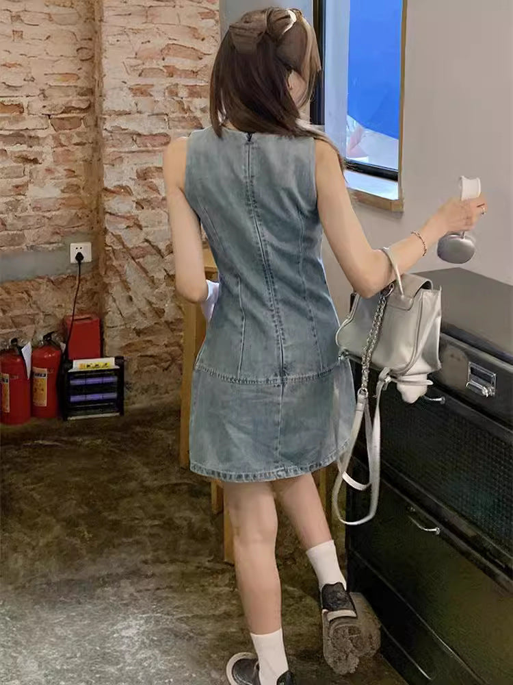 Vintage Denim Embroidered Sleeveless Vest Dress Woman's New Summer 2025 Temperament