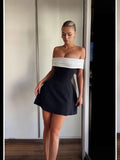 Spring And Summer Shoulder Black And White Bump Color Waist A Pendulum Design Bow Dress LX0114
