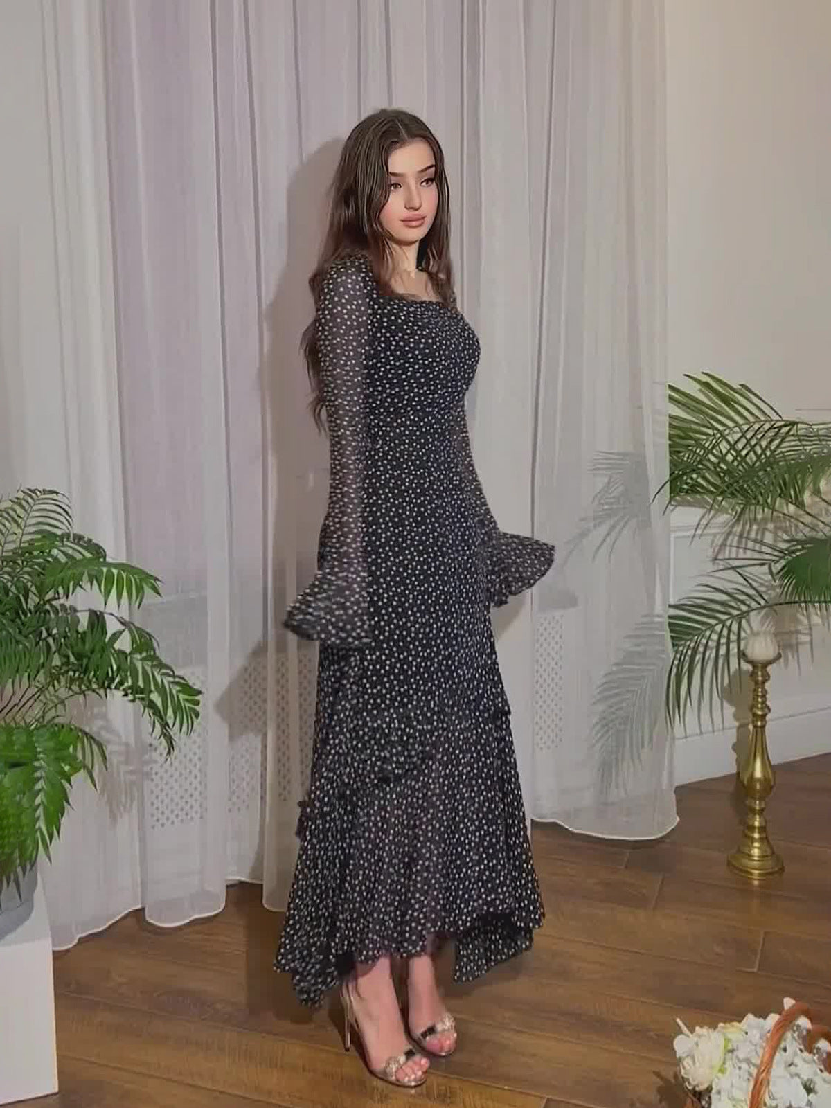 2024 New Chiffon Spot Lotus Leaf Sleeve Temperament Long Splicing Irregular Dress