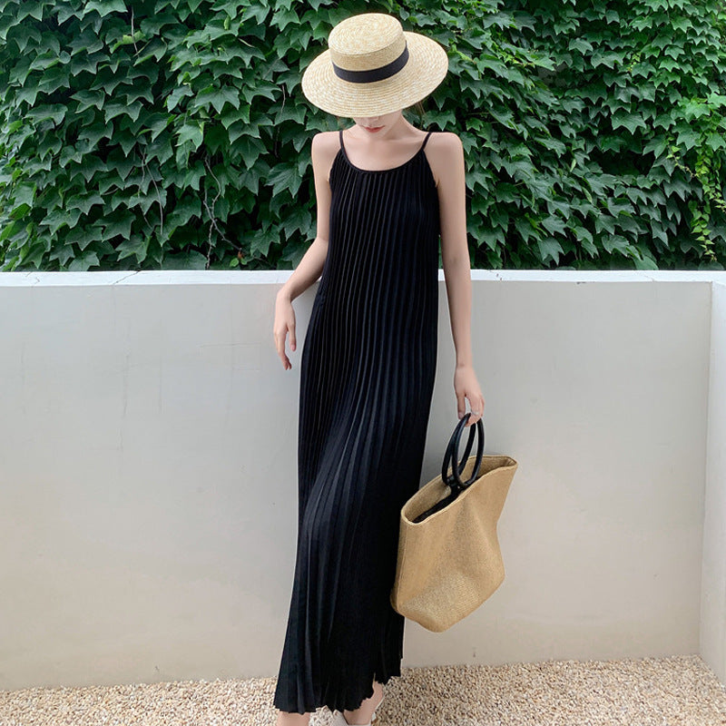 Red Seaside Holiday Sling Dress Women's Summer 2024 New Temperament Loose 100-Folded Long Dress Super Fairy