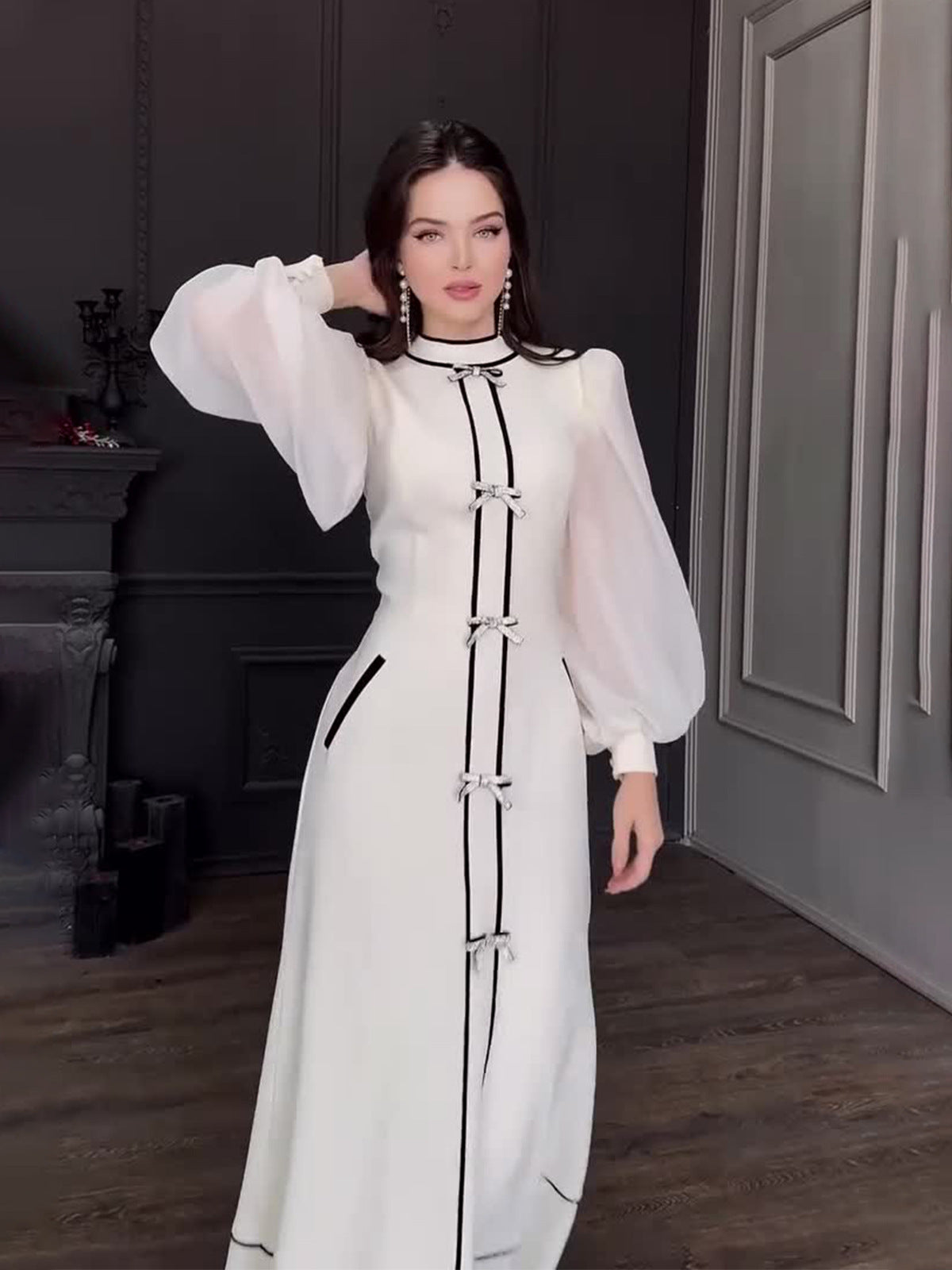 2024 New Bow Decoration Black And White Splicing Temperament Half-High Collar Long Dress