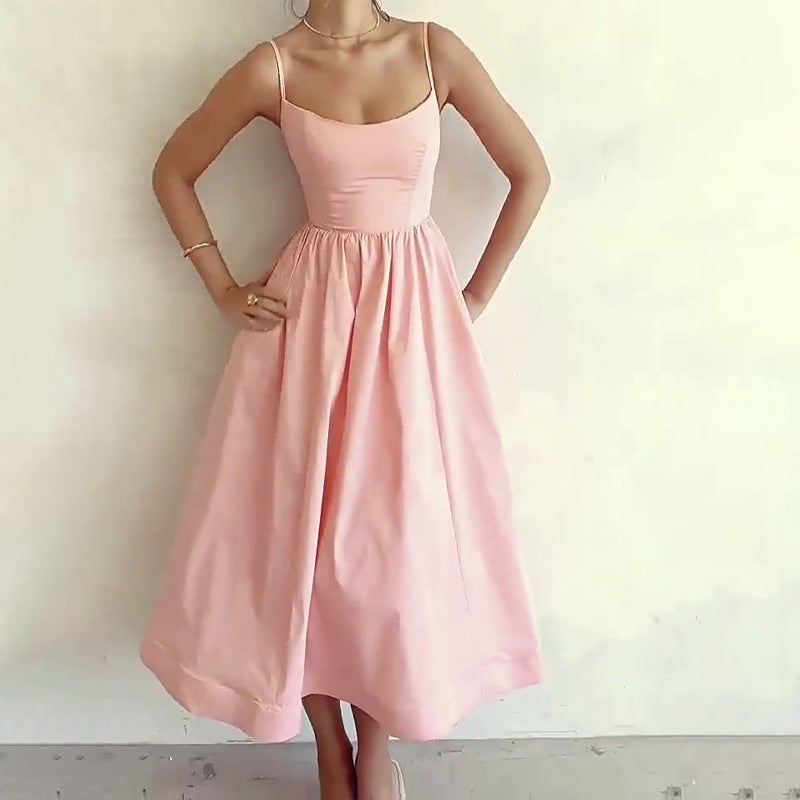 Summer New Women's Solid Color Low-Broth Sexy Bare Back Sling Dress