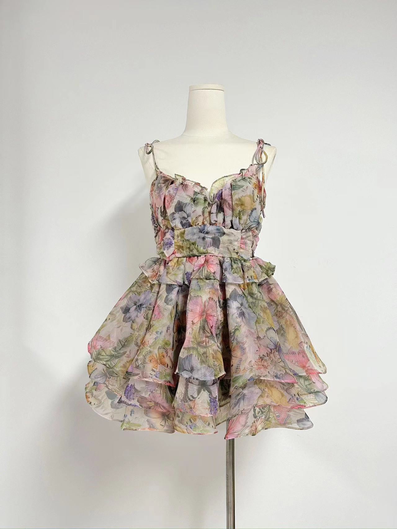 Niche 2024 Summer New Sling With Sling Bow Prints Short Princess Skirt
