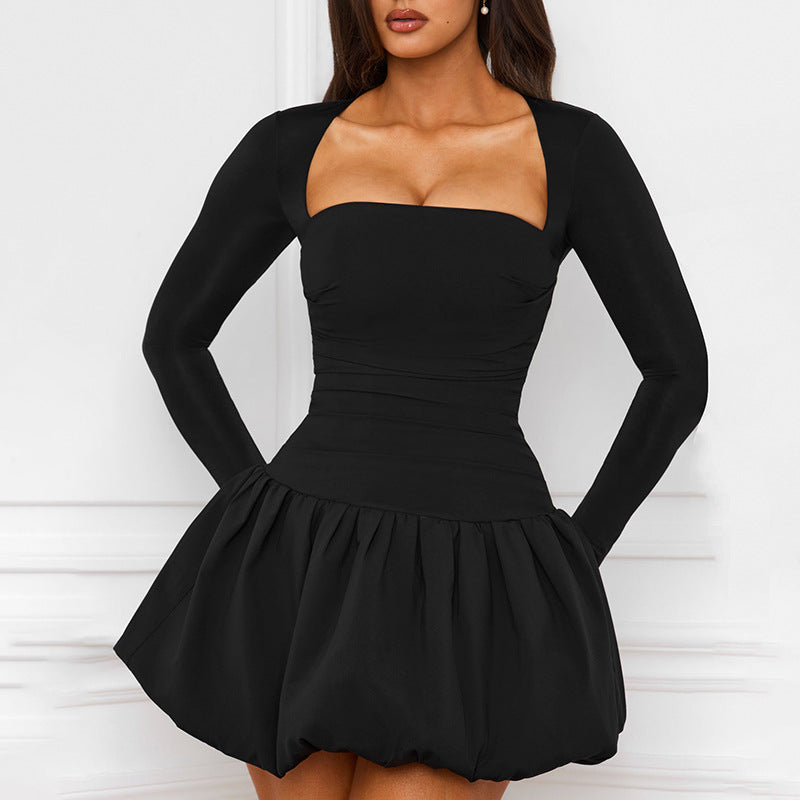 Women's Solid Color Square Collars With Long Sleeves Elegant Floral Skirt DJPT