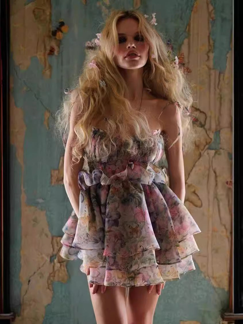 Niche 2024 Summer New Sling With Sling Bow Prints Short Princess Skirt