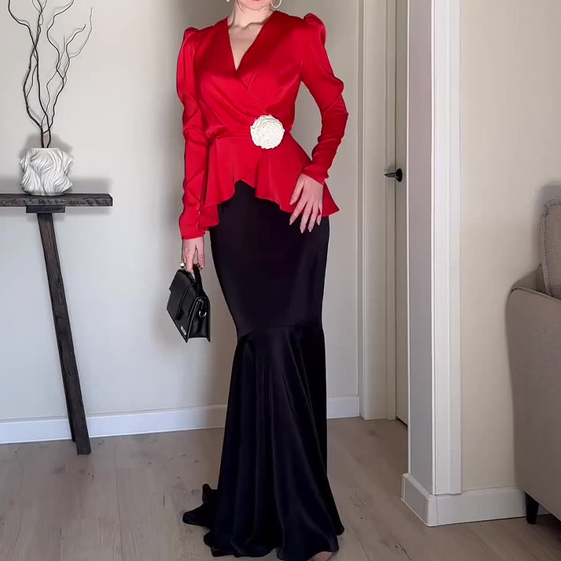 Women's Dress French Style Dress V-Neck Sexy Temperament With High-Rise Half-Body Skirt