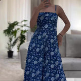 Summer New Leisure Holiday Blue Print Retro Bare Back Double Strap Sling Skirt