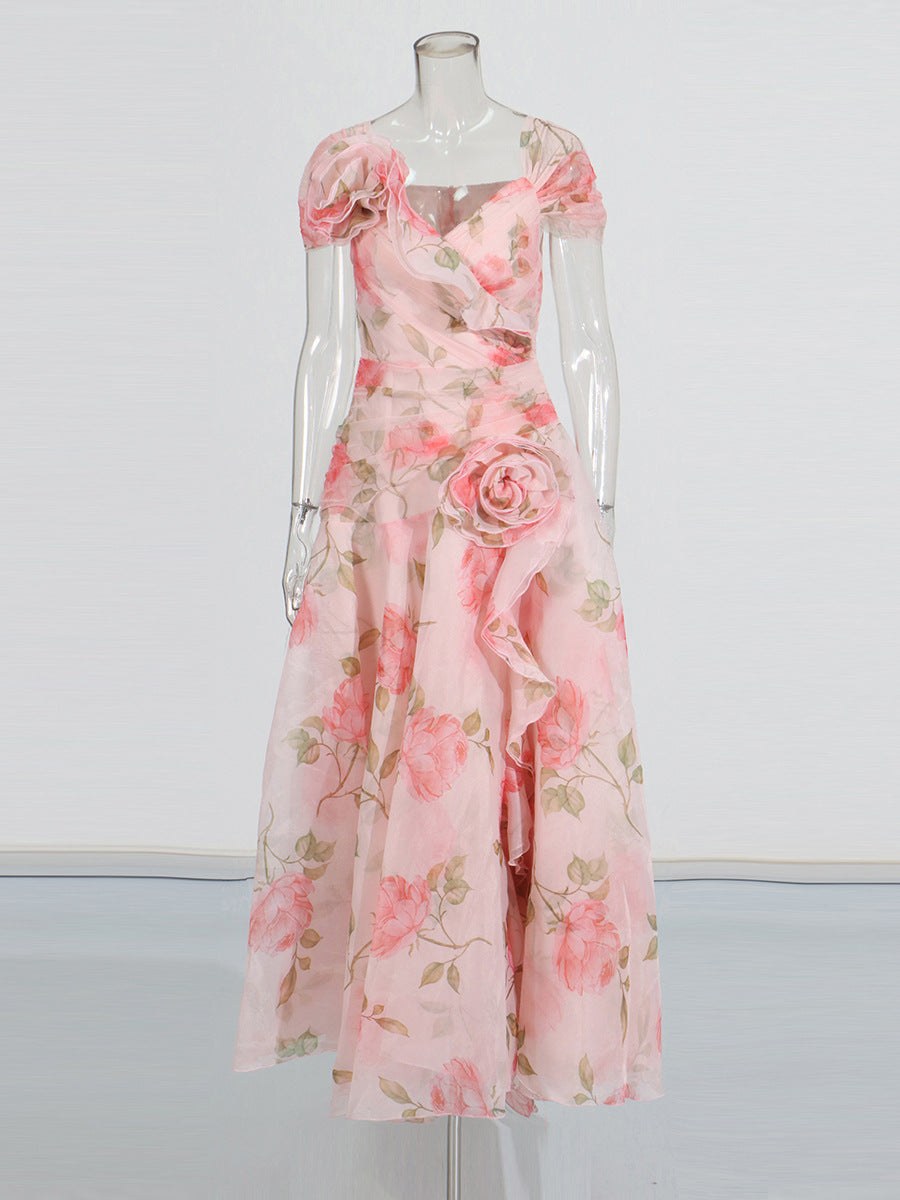 Vintage Flower Drewing Dress 2025 Summer New V-Neck Waist Opened Lotus Leaf Side Dress