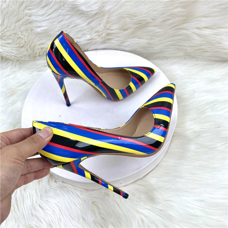 Color Striped High Heels 12CM Pointed Thin-Heeled Women's Shoes Banquet Shoes High Quality Shoes