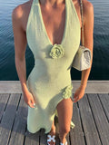 Babes Holiday Style V Collar Bare Back Hanging Neck Knitted Dress High Open Three-Dimensional Flower Design Long Dress