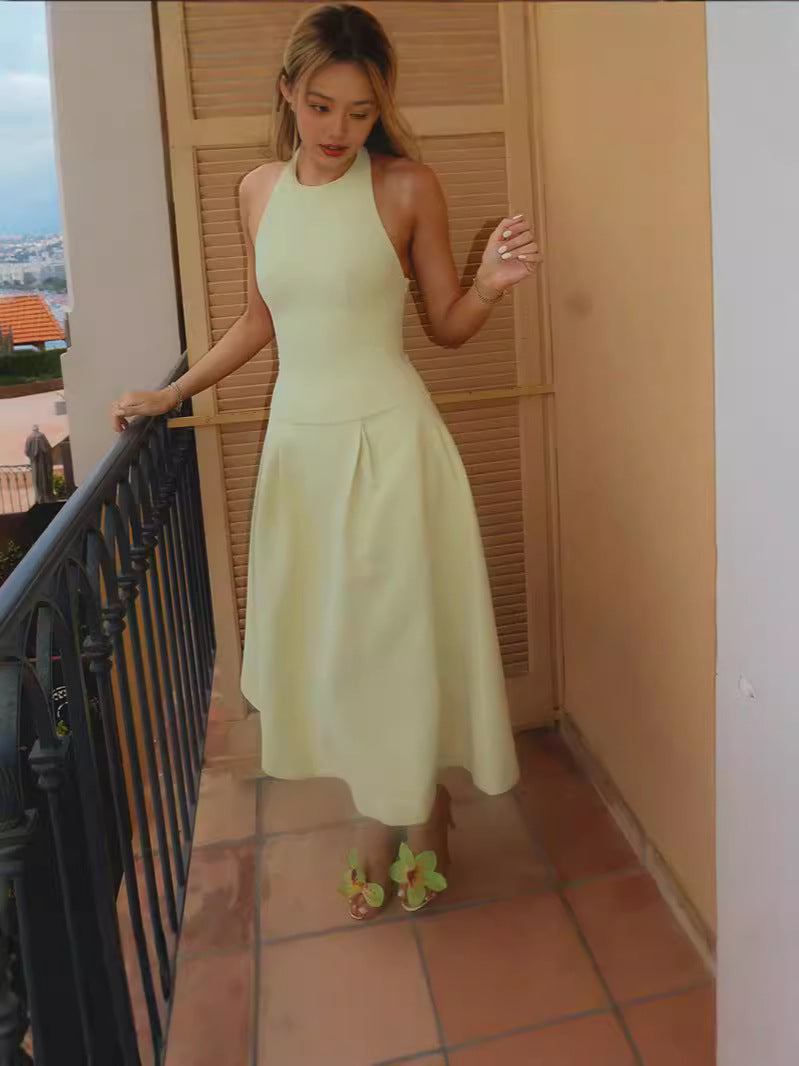 Summer Women's New Temperament Hanging Neck Solid Color Elegant Sexy Dress