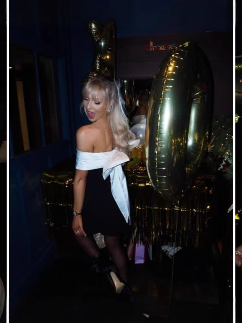 Spring And Summer Shoulder Black And White Bump Color Waist A Pendulum Design Bow Dress LX0114