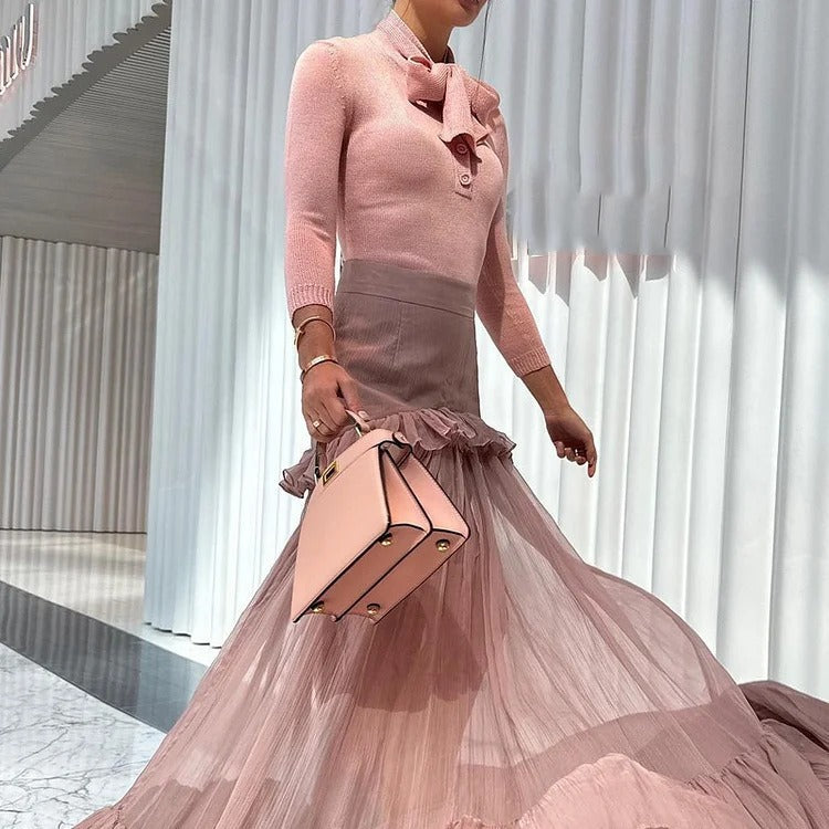 New Fashion Temperament Knitted With Folded Perspective Elegant Cake Skirt