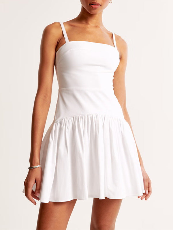 Summer New Fashion Waist Solid Color Pressure Fold Solid Color Sling Dress