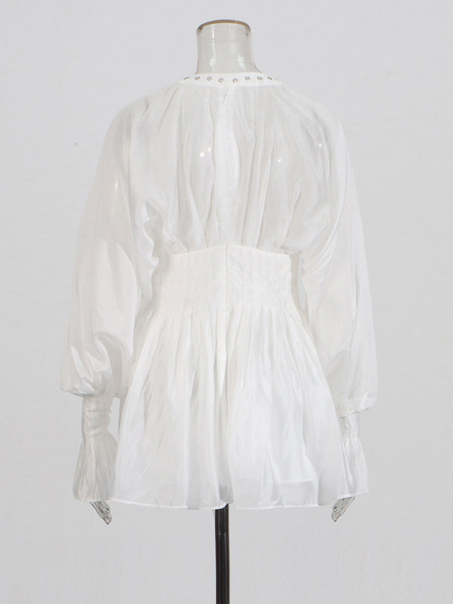 Niche Pure Lusty Fairy Dress 2025 Summer New Deep V Collar Lantern Sleeves Thin Tie Dress Dress Woman