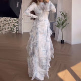 2024 New Women's Clothing Dizzened With Broken Lotus Leaves Side Splicing Dress Long Sleeve Long Dress