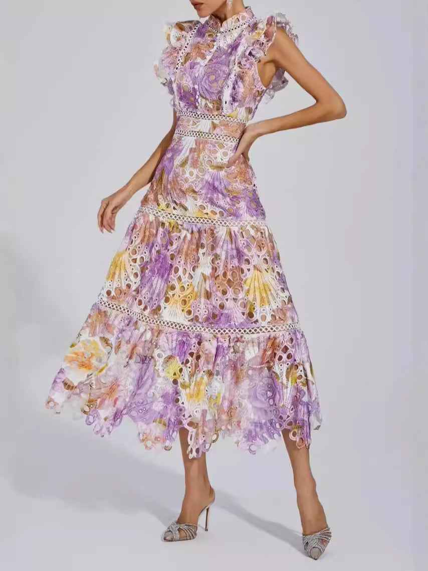 Leaf Leaf Lace Dress 2024 Summer And Autumn New Flying Sleeve Print Embroidery Sleeves Sleaf Slim Skinny Dress