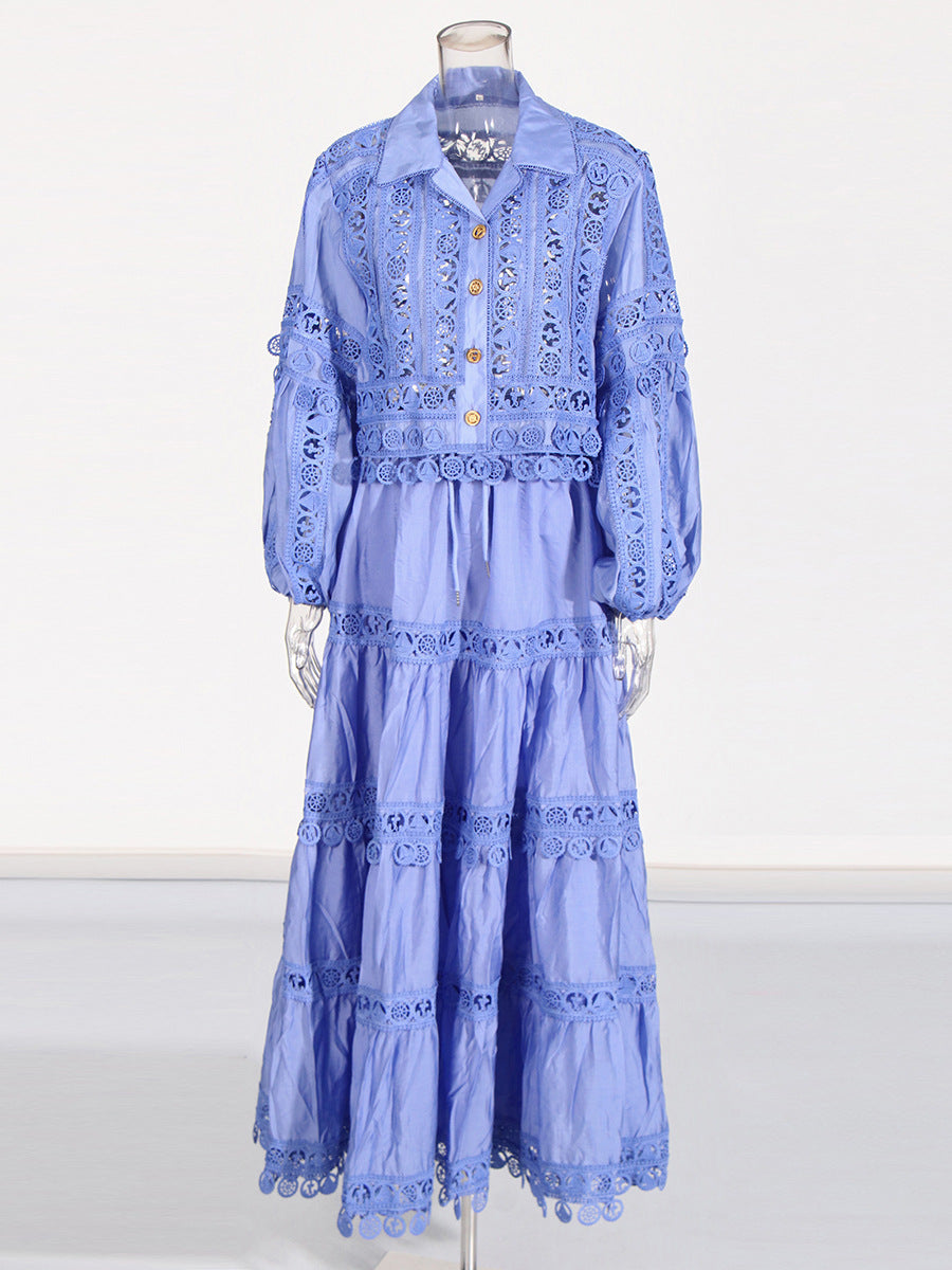 Elegance Style Set 2025 New Empty-Turned-Necked Leaster Splicing Shirt + Half-Dress Suit Woman