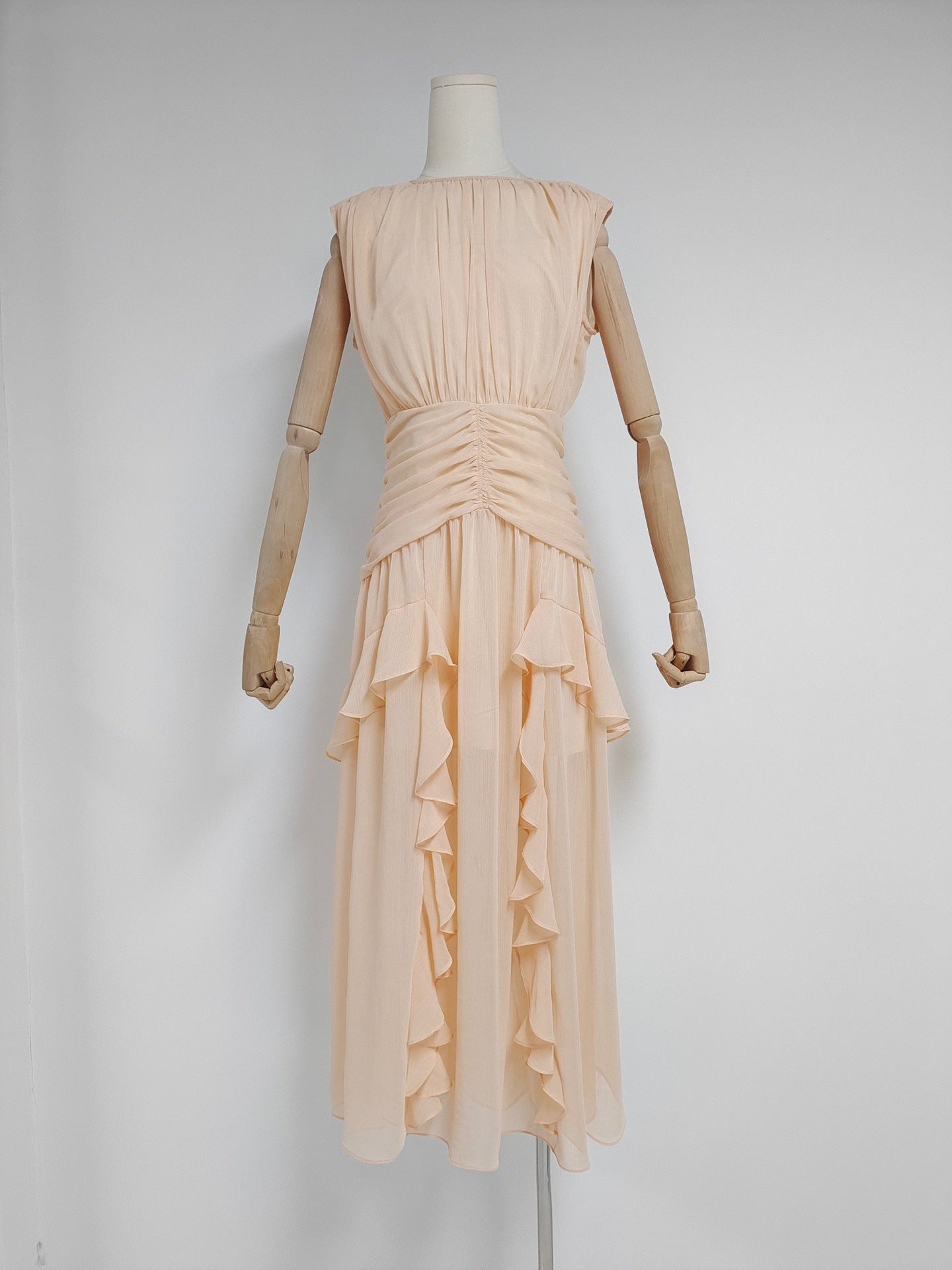 Autumn New Chiffon Printing Round Neckless Waist Design Lotus Leaf Side Long Dress